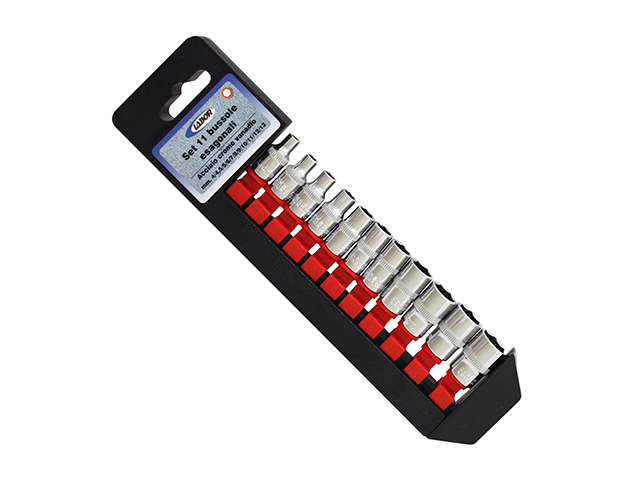 Serie 11 bussole esagonali con attacco quadro femmina da 1/4 in acciaio cromo vanadio e supporto porta bussole in plastica. Misu