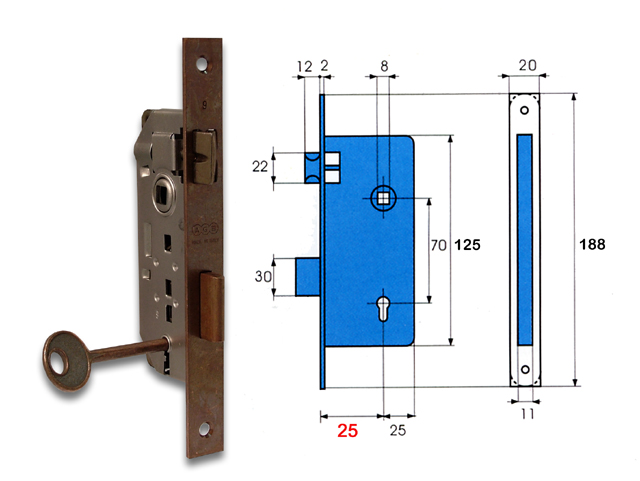Serratura bronzata Patent piccola con bordo quadro, con chiave. Con contropiastra. Quadro 8 Entrata 35 104