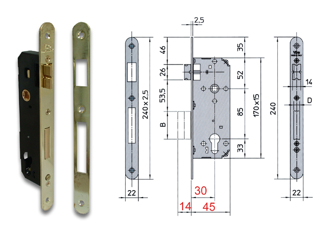 Serratura da infilare MM25 quadro 8, INTERASSE 85MM Viro 7435