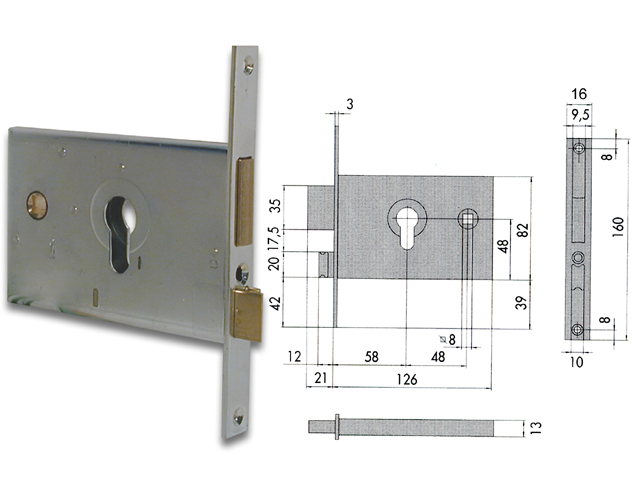 Serratura da infilare per fasce Cisa 44120.60.0, per cilindro europeo, 2 mandate, scrocco reversibile, quadro maniglia. Dimensio