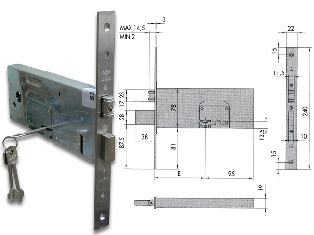 Serratura da infilare per fasce, doppia mappa, 4 mandate Cisa 57360.90.0