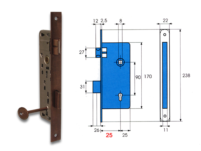 Serratura Patent GRANDE 105-35 bronzata quadro 8. Frontale mm. 22. Interasse mm. 90. Scrocco reversibile. Bordo quadrato mm. 190