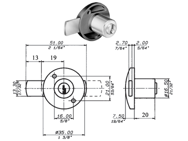 SERRATURA VERTICALE X CASSETTI, Meroni 2131 serratura da applicare. D.16,5X20MM SPORGENTE DI 6MM