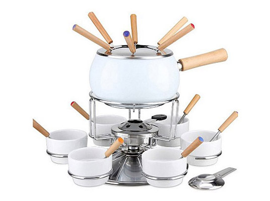 SERVIZIO FONDUTA 23 PZ EVA SMALTO BIANCO ART. 070615Pentolino smaltato finitura lucida - Manico legno-coperchio paraspruzzi acci