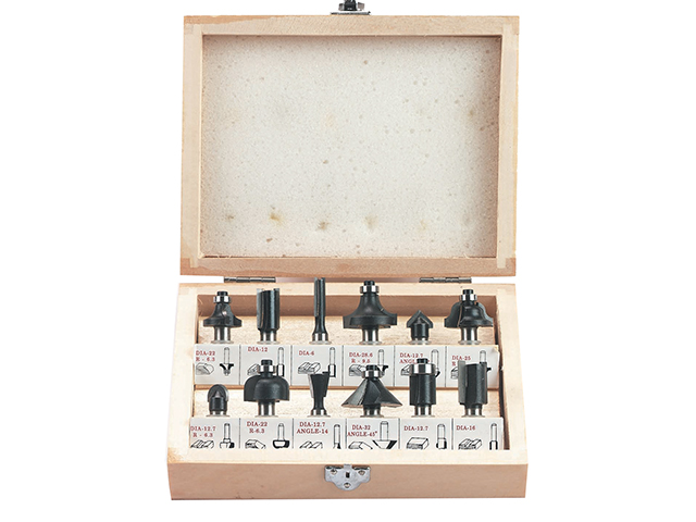 Set 12 frese per fresatrice verticale. Cofanetto in legno. Codice Einhell 4350199.