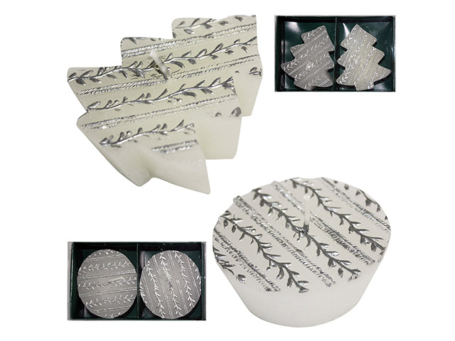 SET 2 CANDELE STELLA/ALBERO BIANCOSet 2 candele bianche forna albero e stella. H 3,5x Ø 7 cm.