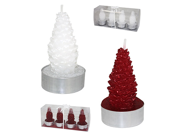 SET 4 CANDELE ALBERO PIGNASet 4 candele a forma di albero in confezione monocolore rosso o bianco. H 7x Ø 4 cm.