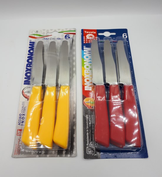 SET 6 COLTELLI SPELUCCHI TUTTA SEGA PUNTA TONDA MANICO ROSSO INOX BONOMI ART. 300 R