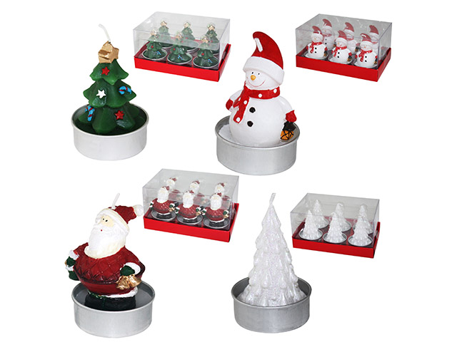 Set 6 mini candele NATALE forme assortite babbo Natale, pupazzo, albero e renna. H 7x Ø4 cm.