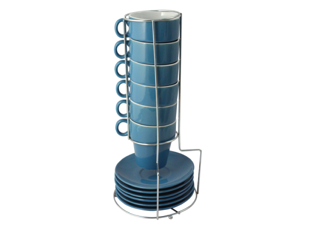 Set 6 tazze impilabili con piatto in ceramica color BLU con supporto metallico.