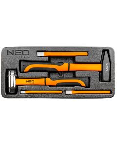 SET DI MARTELLI E PUNZONI, set di 5 NEO ART. 84-242. Comprende 3 punzoni DA 10,13,16MM e 1 martello da 300grammi e una mazzetta 