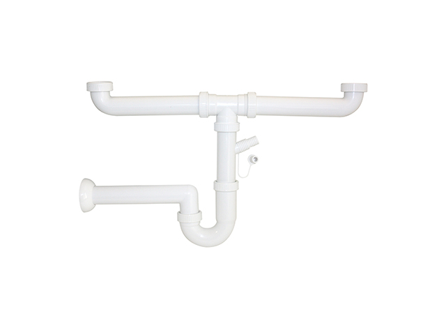 Sifone in moplen a 2 vasche con collegamento per scarico lavatrice e lavastoviglie senza piletta.ART. 900575