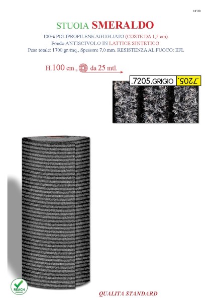 STUOIA SMERALDO H100CM COLORE GRIGIO, 100% POLIPROPILENE AGUGLIATO H1,0CM, FONDO ANTISCIVOLO IN LATTICE SINTETICO SPESSORE 7MM. 