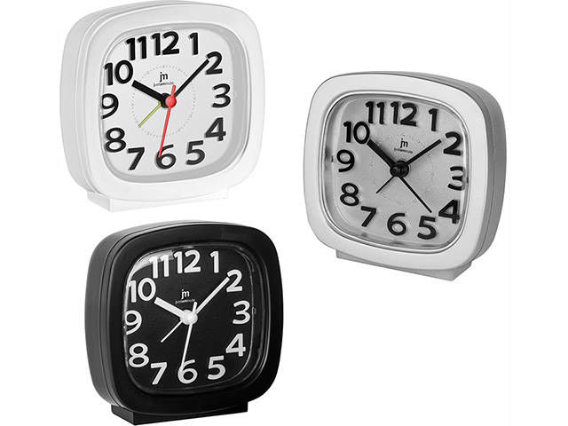 SVEGLIA QUADRA analogica con movimento continuo silenzioso con suoneria bip-bip. Colori assortiti.
