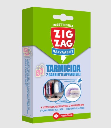 TARMICIDA 2 GABBIETTE APPENDIBILI, UCCIDE LE TARME ADULTE E IMPEDISCE LA DEPOSIZIONE DI UOVA, è un insetticida al profumo di lav