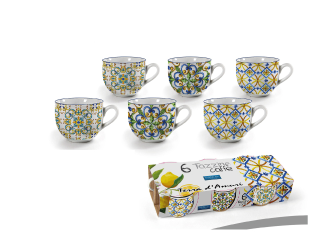 TAZZE CAFFÈ TERRE DAMURIConfezione 6 tazze caffè senza piatto in porcellana decori assortiti 90 cc.