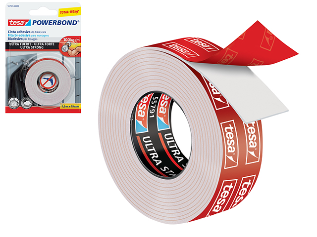 Tesa nastro biadesivo 5mt x 19mm  powerbond, tenuta extra-forte ed istantanea sui muri senza l'utilizzo di nessun altro strument