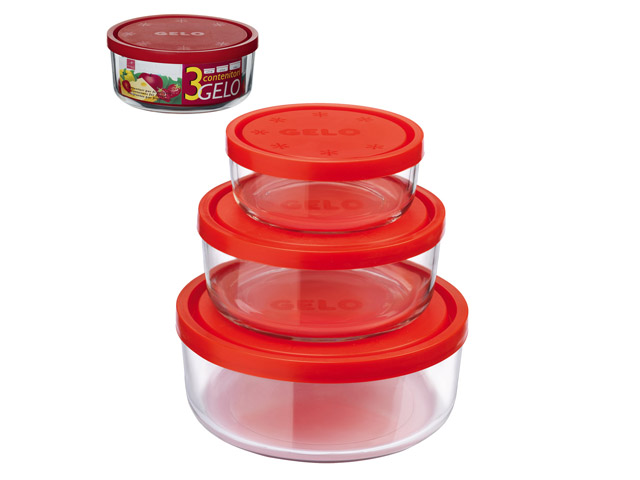 Tris contenitori Gelo in vetro: Ø 11 cm - Ø 15 cm - Ø 18 cm con coperchio rosso in plastica.