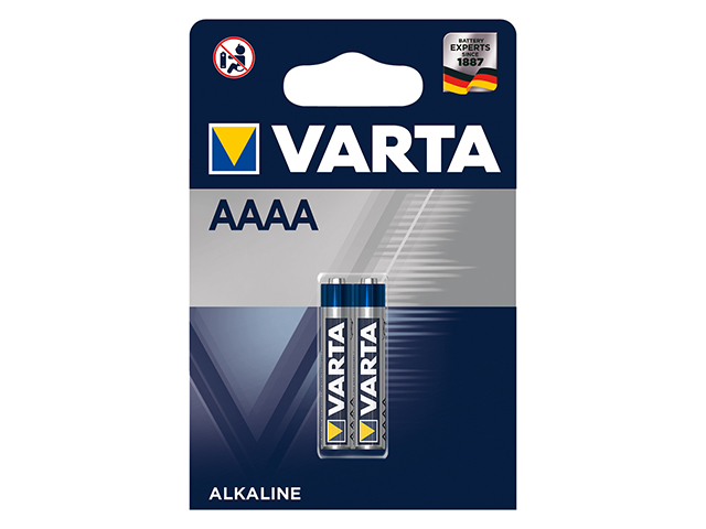 Varta pila alcalina AAAA blister due pezzi. Indicata per dispositivi medici, piccoli telecomandi, sistemi chiavi keyless, cuffie