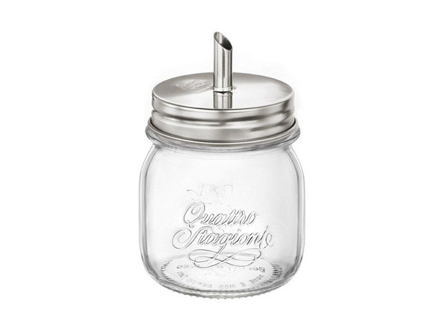 Vaso quattro sragioni in vetro cl 25 dotato di tappo in acciaio inox con beccuccio dosatore per lo zucchero. 25cl