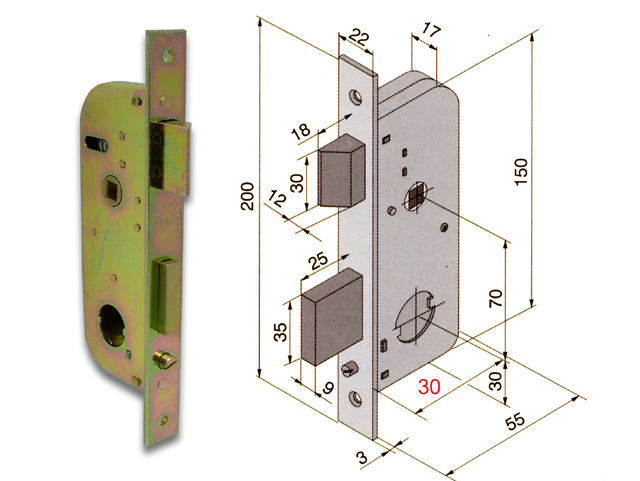 Welka 067.30.00.0 Serratura per porte e cancelli, per cilindro Welka tondo, 2 mandate, scrocco, reversibile. Dimensioni: frontal
