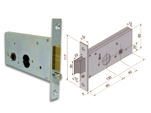 Welka 123.60.01.0 Serratura da infilare per serramenti, per cilindro tondo da infilare Welka, 1 mandata con funzione di scrocco,