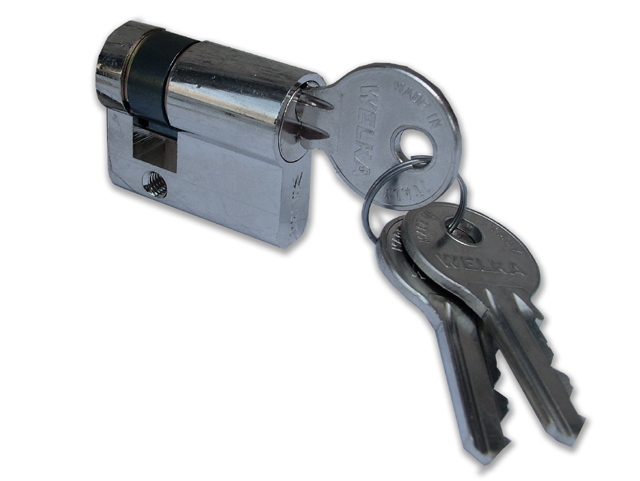 Welka 601.22.05.1 Mezzo Cilindro Sagomato, in ottone nichelato, per serrature da persiana, camma ridotta, fornito con 3 chiavi. 