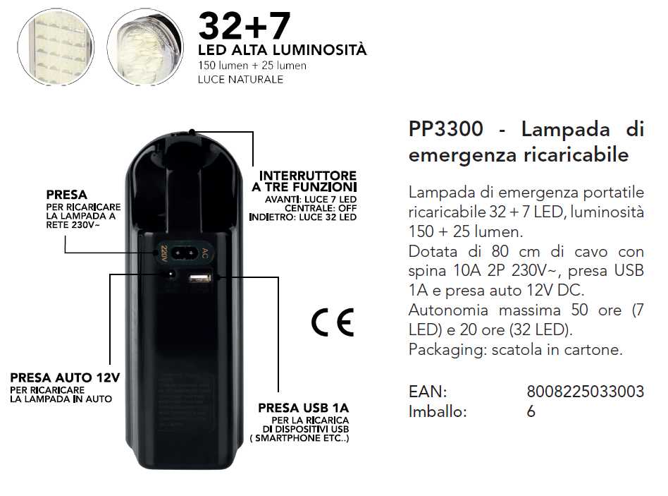 LAMPADA EMERG 32+7LED+USB 