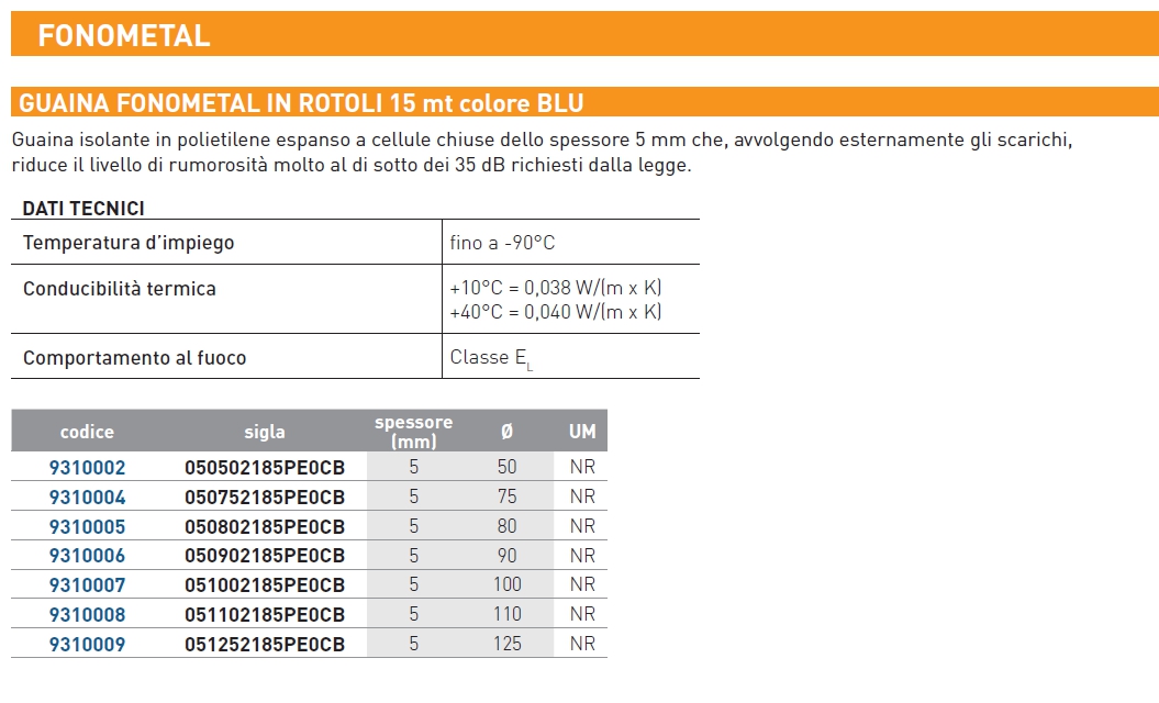 GUAINA FONOMETAL diametro 75  15MT