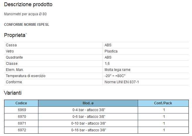 MANOMETRO RAD 0-6 diametro 80 3/8 