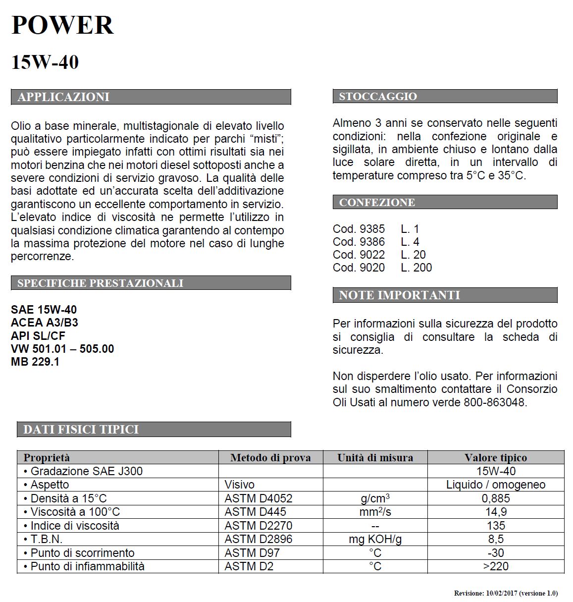 OLIO POWER 15W40 BE/DI 1LT