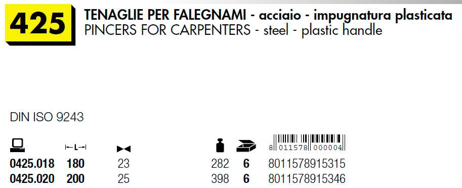 TENAGLIA FALEGNAME 180 MM 