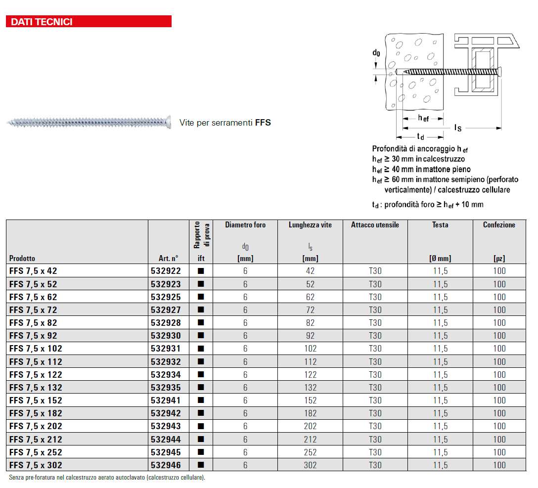 VITE MURO FFS 7.5x62 100PZ