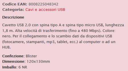 CAVETTO USB USCITA MICRO  