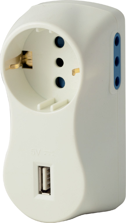 Adattatore multiplo MAURER - spina 10A  250V - 2 prese 10A + 1 presa  schuko + 1 presa USB (5V--1.2A Max) - Max 1500W - CE
