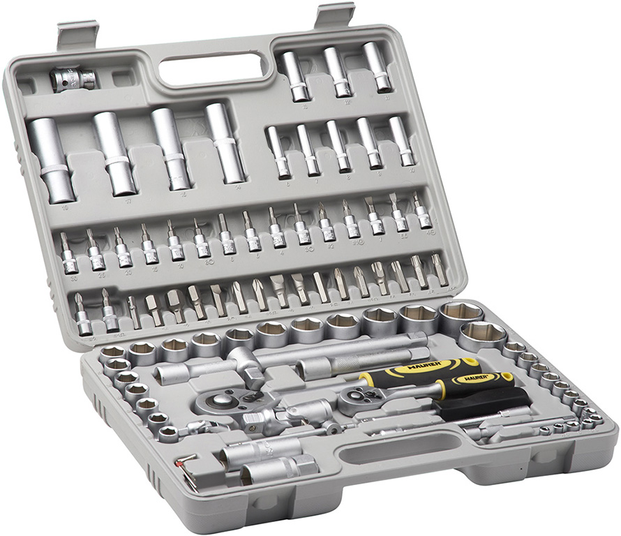Assortimento 94 pz chiavi a bussola e bits MAURER in acciaio al carbonio con trattamento termico - attacco quadro 1/4 e 1/2 - in
