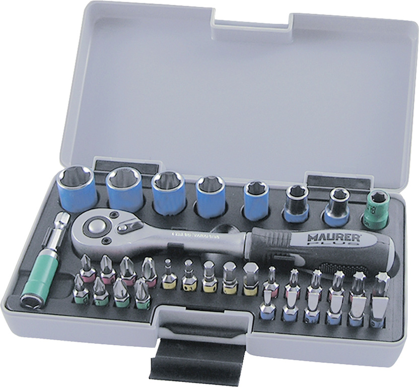 Assortimento di 35 pz chiavi a bussola e inserti MAURER PLUS - 8 bussole esagonali, 25 bits - attacco quadro 1/4 x 25 mm - busso