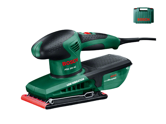 Bosch levigatrice orbitale PSS 200 ACPotenza 200 w.Piastra 92x182 mm con fissaggio a leva. Foglio abrasivo 93x230 mm. Sistema di