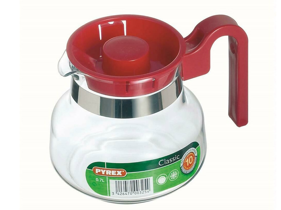 BRICCO PYREX CON TAPPO ROSSO 1LT. Bricco in vetro borosilicato (materiale robusto resistente agli sbalzi termici e con basso coe