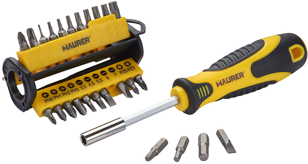Cacciavite magnetico MAURER con 35 inserti in acciaio cromo vanadio 1/4x25