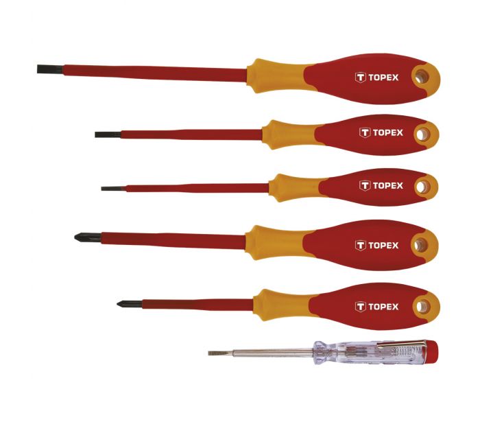 CACCIAVITI 1000V, SET DA 6 pezzi. Set di cacciaviti TOPEX (rif. 39D150) progettato per lavorare sotto tensione fino a 1000V. Cia