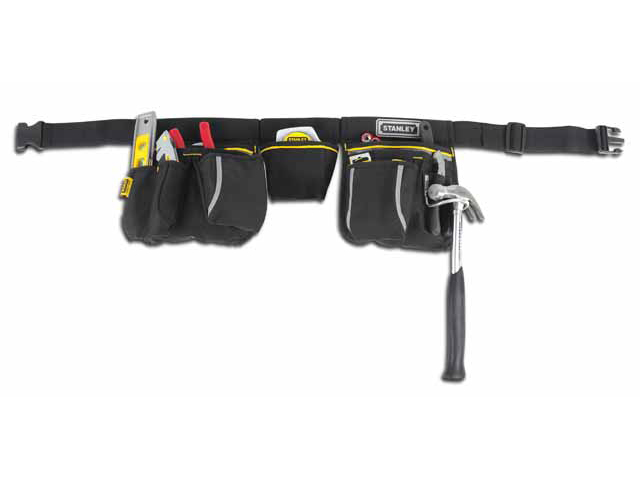 Cintura STANLEY doppio fodero. Con 9 tasche di diverse dimensioni. Gancio portamartello. Tasca porta flessometro. Imbottitura po