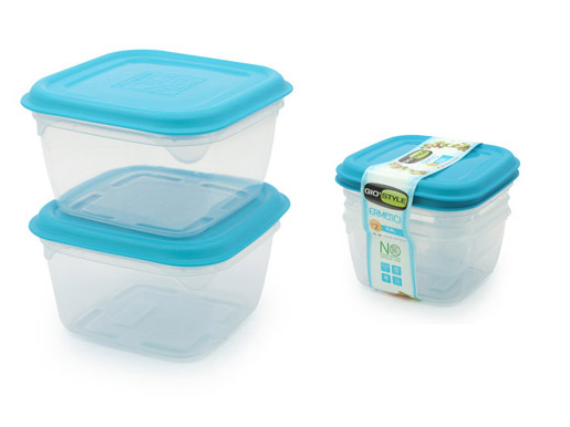 CONFEZIONE 2 CONTENITORI QUADRO ERMETICO 0,5LTconfezione 2 contenitori quadrati trasparenti con tappo ermatico blu. Impilabile p
