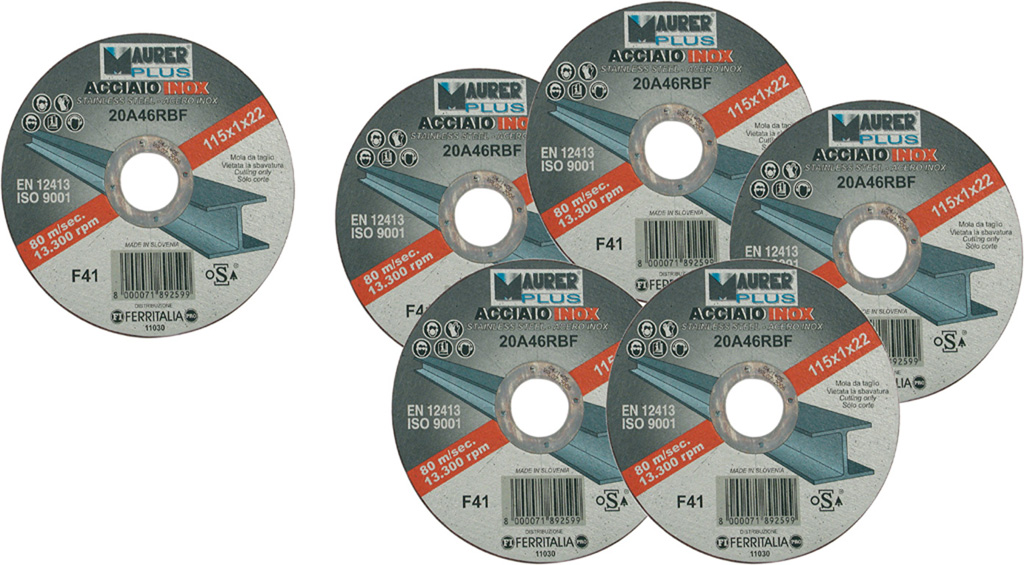 Confezione dischi da taglio FERRO MM115X1,0X22,23 resinoide rinforzato a centro piano MAURER PLUS per ferro  - pz. 5 + 1 in omag