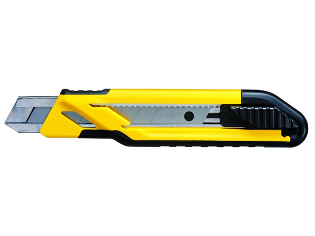 Cutter Stanley autobloccante 18 mm. Corpo in ABS con telaio in acciaio antiruggine. Cursore a scorrimento con click sonoro. Lama
