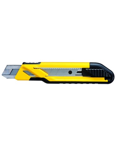 Cutter Stanley autobloccante 18 mm. Corpo in ABS con telaio in acciaio antiruggine. Cursore a scorrimento con click sonoro. Lama