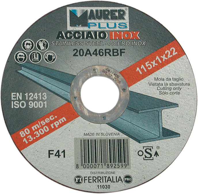 Disco da taglio 115X1MM resinoide rinforzato a centro piano  MAURER PLUS per acciaio inox - diam. foro 22,23 mm