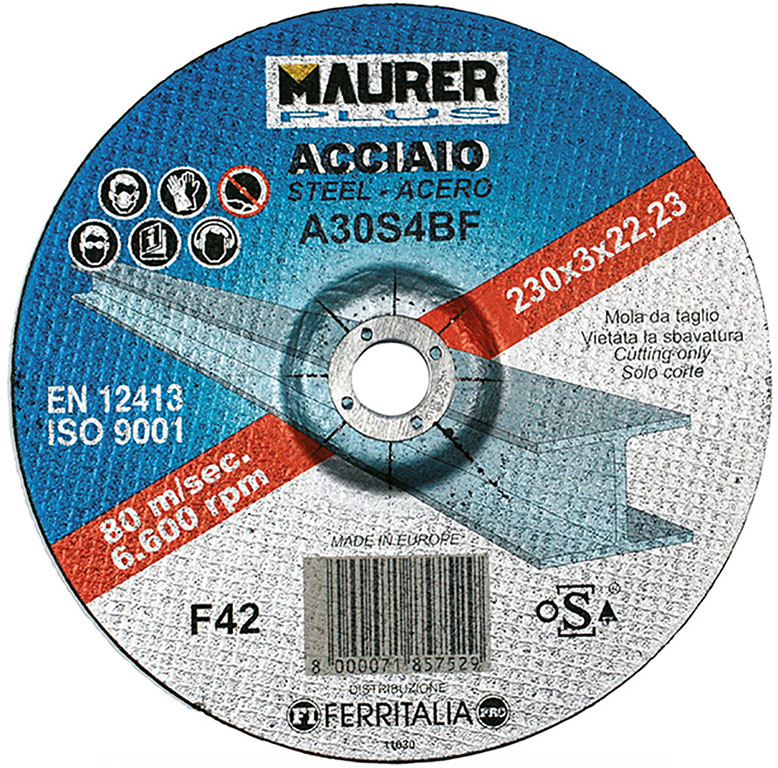 Disco da taglio MM230X2,5X22 resinoide rinforzato a centro depresso MAURER PLUS per ferro - uso su macchine portatili