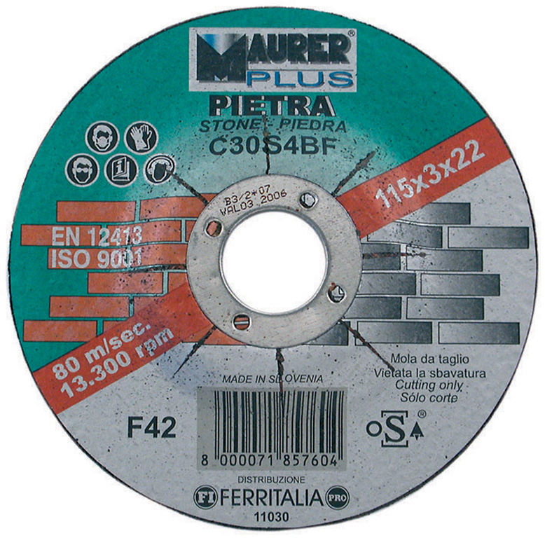 Disco da taglio PIETRA 115X3MM  resinoide rinforzato a centro depresso MAURER PLUS per marmo e materiali da edilizia e refrattar