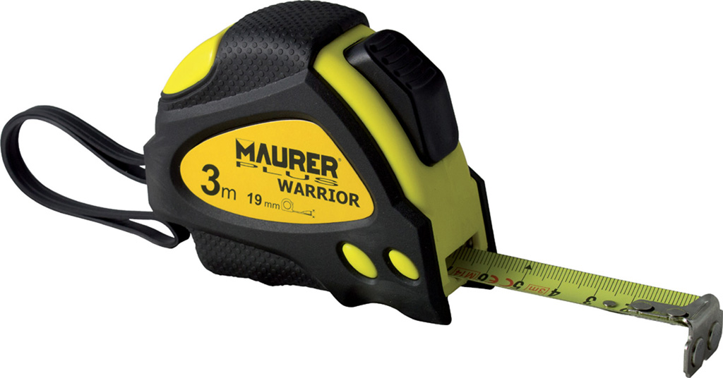 Flessometro 10mt MAURER PLUS mod. WARRIOR - nastro in acciaio smaltato rivestito in nylon con bloccaggio e rientro automatico - 
